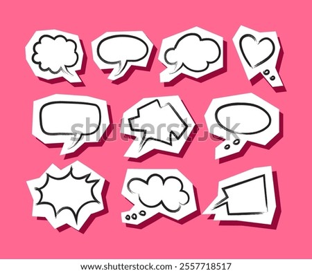 Hand drawn speech bubbles. Grunge isolated social media stickers. Paper clippings. Editable elements