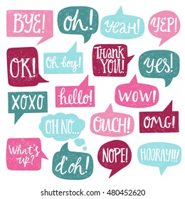 Hand drawn speech bubbles with handwritten short phrases yes, thank you, bye, ok, hooray, omg, wow, oh boy, xoxo, what's up, ouch, oh, yeah, oh no, nope, yep, hello