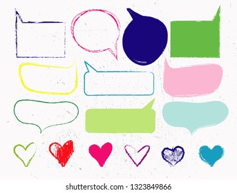 hand drawn speech bubbles and hearts with crayons texture on white background