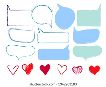 hand drawn speech bubbles and hearts with crayon texture