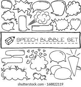 Hand drawn speech bubbles with hearts and clouds. Vector illustration. 