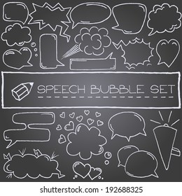 Hand drawn speech bubbles with hearts and clouds. Chalk effect vector illustration. 