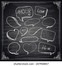 Hand drawn speech bubbles with hearts, chalkboard effect. Vector illustration.