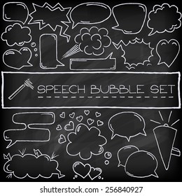 Hand drawn speech bubbles with hearts and clouds, chalkboard effect. Vector illustration. 