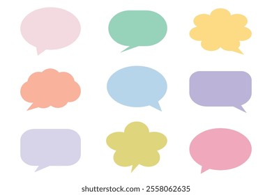 Hand drawn speech bubbles with pastel color. Blank empty Speak bubble, chatting, or message box set. Suitable for flat design illustration, clip art, stickers, etc