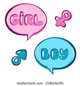 Hand drawn speech bubbles in pink and blue. Colorful exclamation balloon with girl and boy lettering. Doodle cartoon element for cards or stickers design, prints, comics, decoration etc. Gender symbol