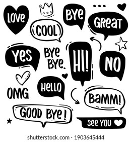 Hand drawn speech bubbles with popular message words.