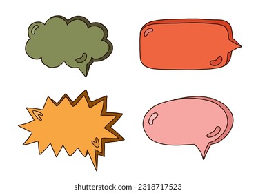 Hand drawn speech bubbles set. Empty online chat clouds in the different shapes. Oval, round, square, cloud, heart shaped bubbles for text, talk phrases, information. Colorful isolated doodles.
