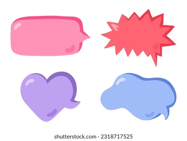 Hand drawn speech bubbles set. Empty online chat clouds in the different shapes. Oval, round, square, cloud, heart shaped bubbles for text, talk phrases, information. Colorful doodles isolated.