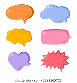 Hand drawn speech bubbles set. Empty online chat clouds in the different shapes. Oval, round, square, cloud, heart shaped bubbles for text, talk phrases, information. Colorful doodles isolated.