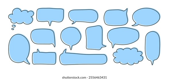 Hand drawn speech bubbles set. Text boxes doodle style. Communication chat windows with outline frame.