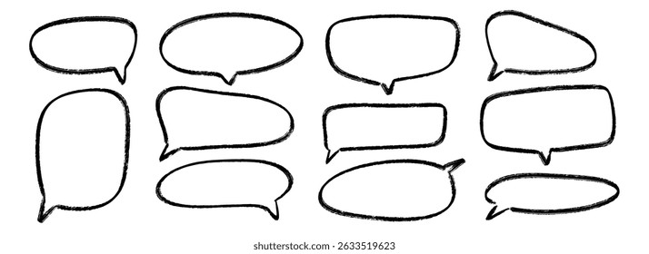 Conjunto de bolhas de fala desenhadas à mão. Coleção de caixas de diálogo de giz de cera rabiscada. Quadros de quadrinhos texturizados esboçados. Pacote de caixa de texto em balão de retângulo, quadrado ou redondo. Pacote de nuvem de bate-papo com lápis de giz para vetor
