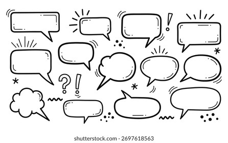 Bolhas de fala desenhadas à mão definidas na ilustração de vetor de estilo doodle