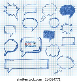 Hand drawn speech bubbles set on the checked paper. Eps 10 vector file.