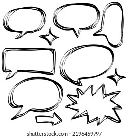 Hand drawn speech bubbles sketch elements on set. doodle style. isolated on white background. vector illustration