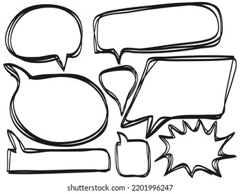 Hand drawn speech bubbles sketch elements on set. doodle style. isolated on white background. vector illustration