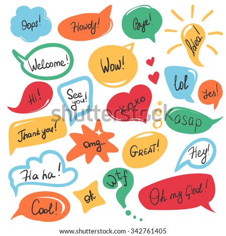 Hand drawn speech bubbles and stickers set with handwritten short messages and friendly phrases isolated on white