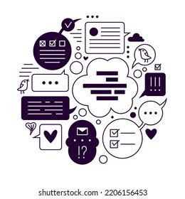 Hand drawn speech bubbles. Vector flat doodle illustration. Circle composition for web banner, tamplate, design 
