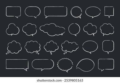 Hand drawn speech bubbles with a white pencil or crayon. Cute doodle frames, ballons, clouds for text, titles