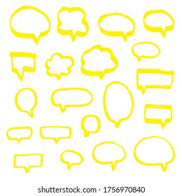 Burbujas de palabras dibujadas a mano. Línea de marcador de resaltado amarillo. Globos de pensamiento de estilo Doodle aislados