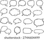 Hand drawn speech and thought bubble vector set with sketch style doodle elements. Includes chat bubbles, dialogue clouds, message boxes and comic style conversation shapes.