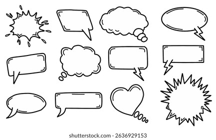 Hand drawn speech and thought bubbles set. Doodle talk bubbles and exploding frames. Communication and idea bubble pack