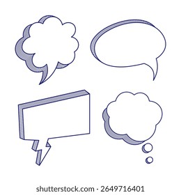 El discurso dibujado a mano y las burbujas del pensamiento fijan la Ilustración vectorial. Esta ilustración presenta una colección de cuatro palabras dibujadas a mano y burbujas de pensamiento en un estilo doodle incompleto.