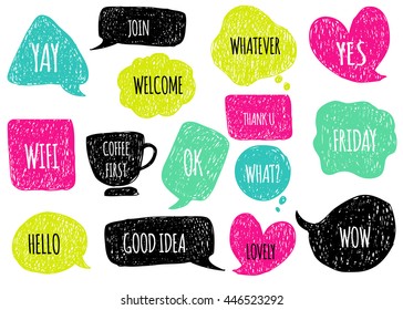 Hand drawn speech  thought bubbles set. Sticker Template for notebooks, scrapbooking, wrapping, cards, poetry notes, diary. Doodle design with short messages. Hello, welcome, good idea, coffee time