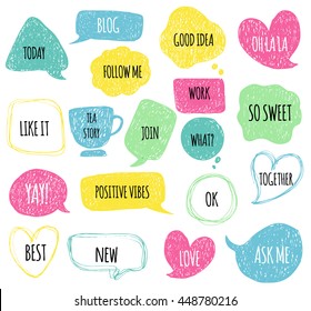 Hand drawn speech thought bubbles set. Sticker Template for notebooks, scrapbooking, wrapping, cards, poetry notes, diary. Doodle design with short messages. So sweet, positive vibes, good idea, love