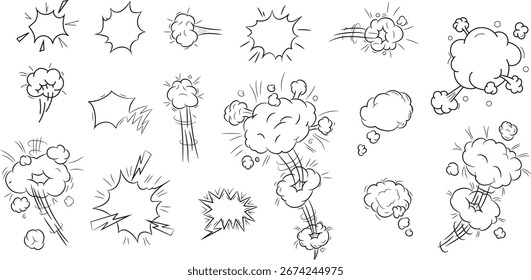 Nuvens de velocidade desenhadas à mão e elementos de linha de doodle de anime. Conjunto vetorial de formas de movimento, efeitos de mangá para emoções de personagens, balões de fala e design de movimento dinâmico.