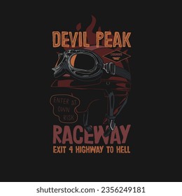 HAND DRAWN SPEED RACE VEHICLE TRANSPORT TRANSPORTATION DEVIL DEMON HELL FIRE HELMET HEAD VINTAGE TYPOGRAPHY TSHIRT TEE PRINT FOR APPAREL MERCHANDISE