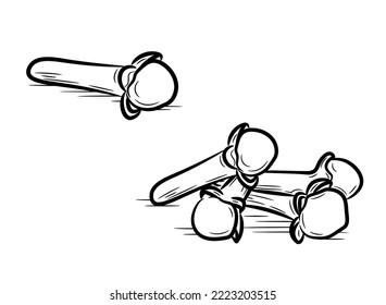 Hand drawn spice cloves set of objects. Doodle sketch style. Line drawing of simple carnation buds. Isolated vector illustration in a linear style.