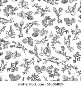 Hand drawn spice seamless pattern. Black and white background vector illustration