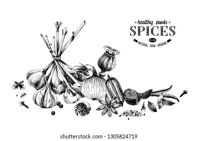 Hand drawn spices border. Can be used for poster, banner, placard or menu design. Vector illustration
