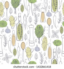 Hand drawn spices and herbs. Vector  seamless pattern