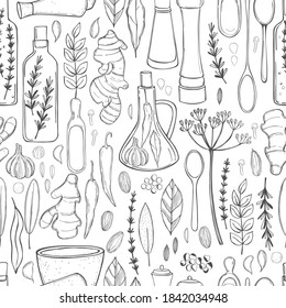 Hand drawn spices and herbs. Vector  seamless pattern.