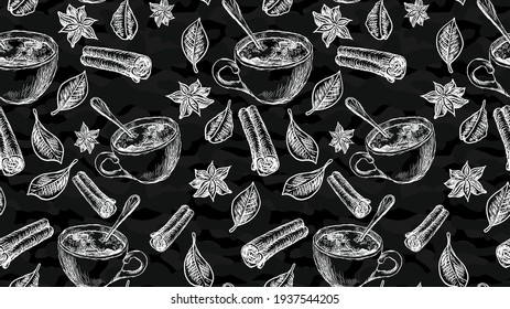Hand drawn spices and hot drink mug. Coffee, tea, cocoa, cloves, cinnamon, leaves. Vector seamless pattern with sketches like on a chalkboard or a sheet of colored paper.