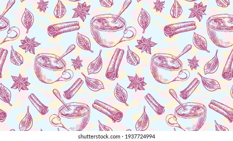 Hand drawn spices and hot drink mug. Coffee, tea, cocoa, cloves, cinnamon, leaves. Vector seamless pattern with sketches like on a chalkboard or a sheet of colored paper.