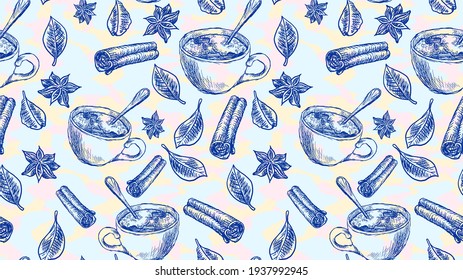 Hand drawn spices and hot drink mug. Coffee, tea, cocoa, cloves, cinnamon, leaves. Vector seamless pattern with sketches like on a chalkboard or a sheet of colored paper.