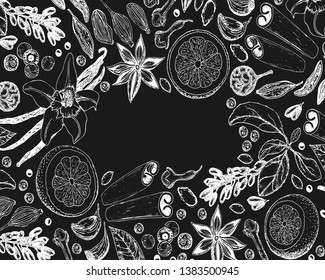Hand drawn spices on black background. Vector.