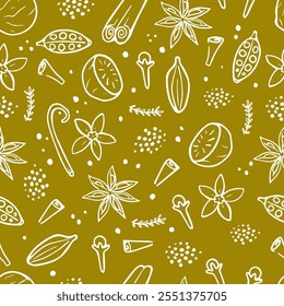 Hand drawn spices seamless pattern. Aroma ingredients on green background. Wallpaper featuring cloves, nutmeg, cardamom, cinnamon, star anise, and vanilla.