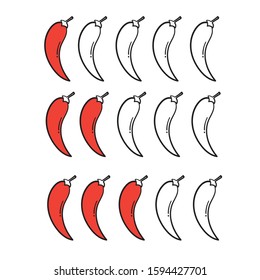 hand drawn Spicy chili pepper level. spicy food mild and extra hot sauce, chili pepper red outline icons vector isolated background