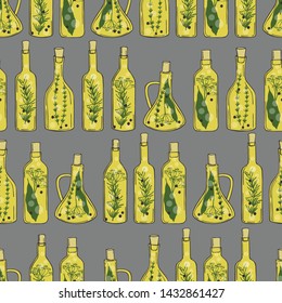 Hand drawn spicy oils with herbs and spices in different bottles. Seamless vector pattern 