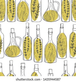 Hand drawn spicy oils with herbs and spices in different bottles. Seamless vector pattern 