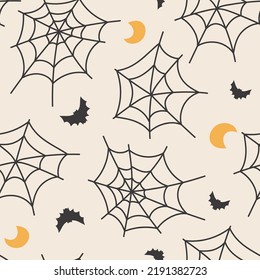 Red de arañas dibujadas a mano y patrón sin fisuras de murciélago, bonito fondo de halloween, genial para banners, fondos de pantalla, empaque - imagen vectorial.