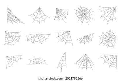 Hand drawn spider web or cobweb. Halloween cobweb, frames and borders, scary elements for decoration. Line art, sketch style spider web elements, spooky, scary image. Vector illustration.