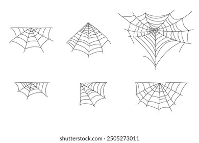 Hand drawn Spider web, spider horror house, creepy Halloween decorations concept. Spiderweb vector doodle sketch. Cobweb set, isolated on white background for halloween, spooky, scary, horror.