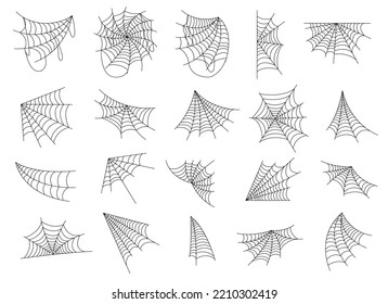 Hand drawn spider web icon set isolated on white. Black halloween cobweb vector illustration