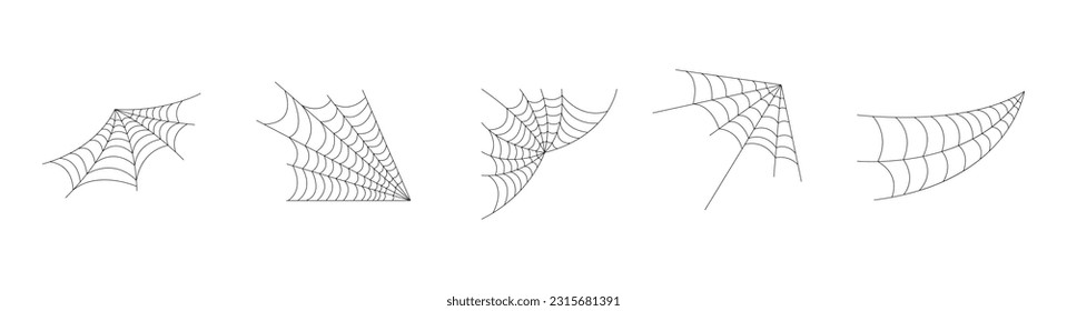 Hand drawn spider web icon set isolated on white. Black halloween cobweb vector illustration