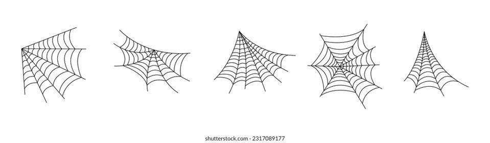 Hand drawn spider web icon set isolated on white. Black halloween cobweb vector illustration